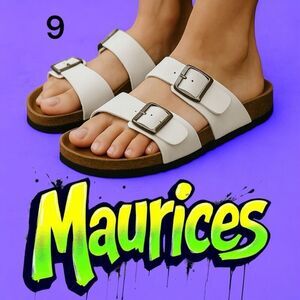 Maurices Womens Leather Cork Sole Double Buckle Strap Slide Sandals White Size 9